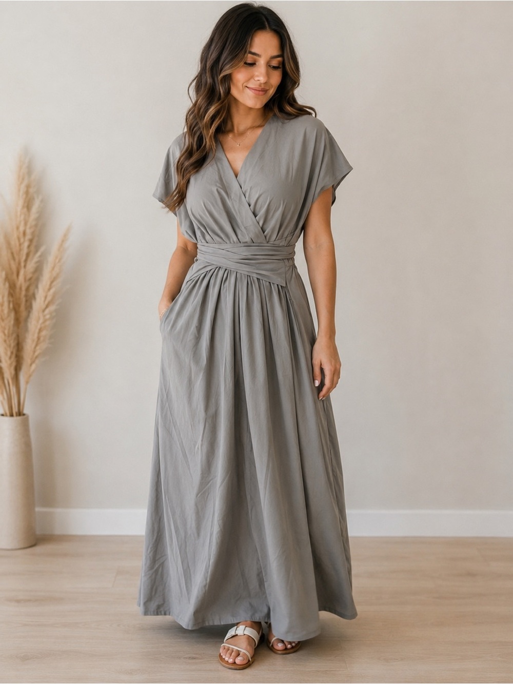 Women's Grey Wrap Maxi Dress with Waist Tie